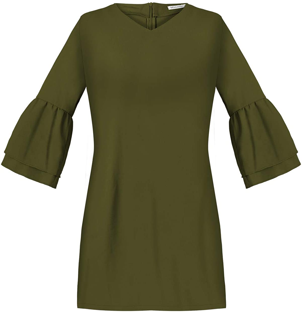 BELONGSCI Women's Dress Sweet & Cute V-Neck Bell Sleeve Shift Dress Mini Dress