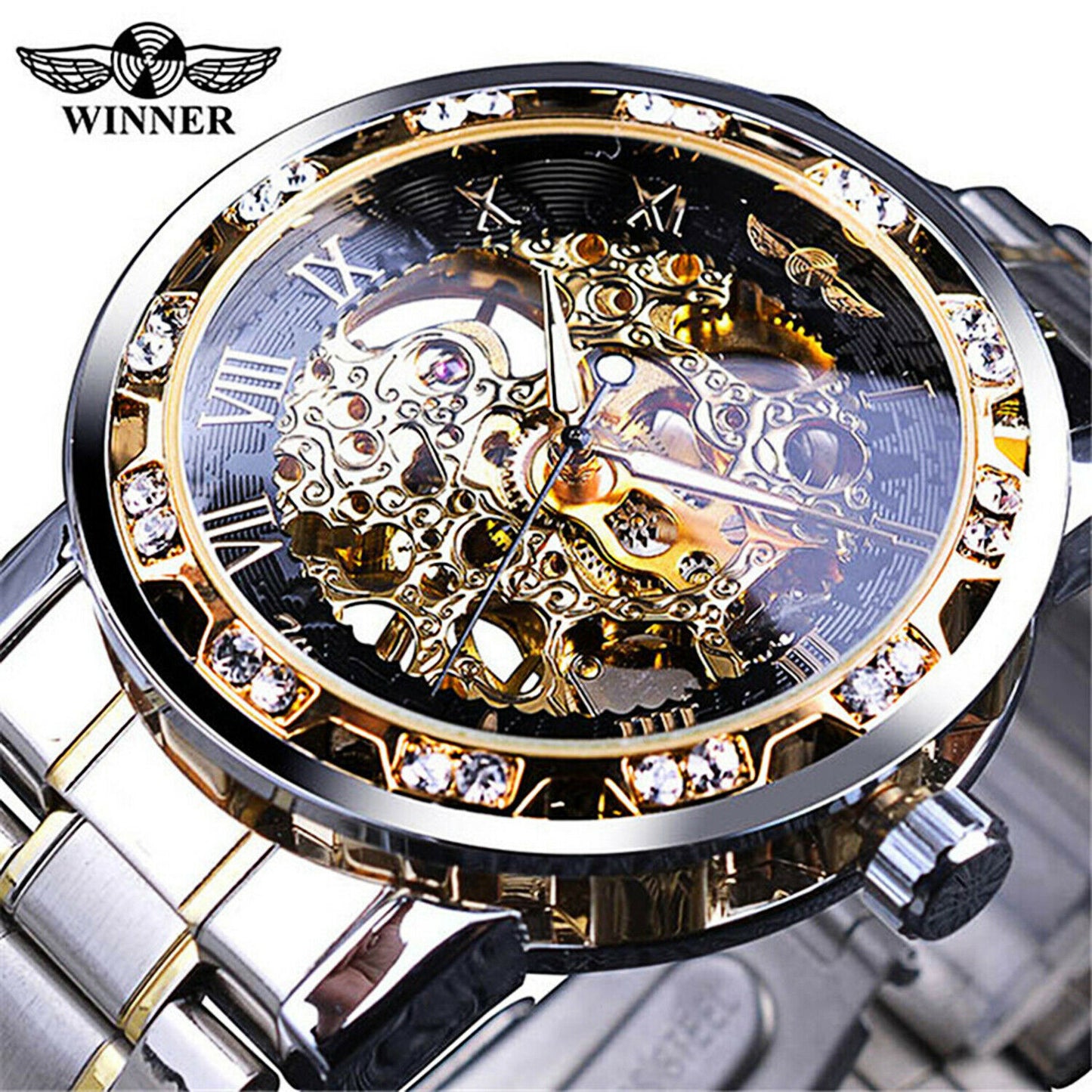 T-ganador de acero inoxidable para hombres De colección diamante hueco relojes mecánicos # 1089