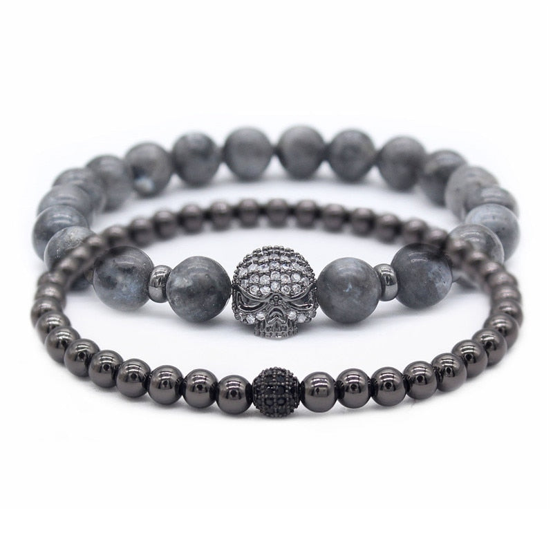 Black Nature Stone Leo Lion Head Bracelet Set -  Crystal Copper Ball Beaded Bracelets for Men - Luxury Jewelry