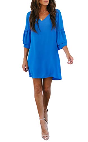 BELONGSCI Women's Dress Sweet & Cute V-Neck Bell Sleeve Shift Dress Mini Dress