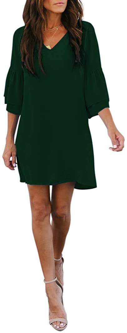 BELONGSCI Women's Dress Sweet & Cute V-Neck Bell Sleeve Shift Dress Mini Dress