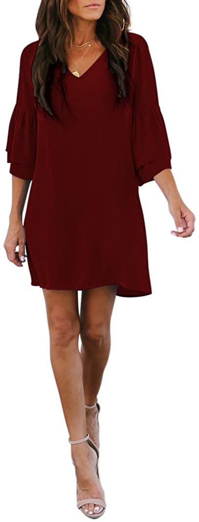 BELONGSCI Women's Dress Sweet & Cute V-Neck Bell Sleeve Shift Dress Mini Dress