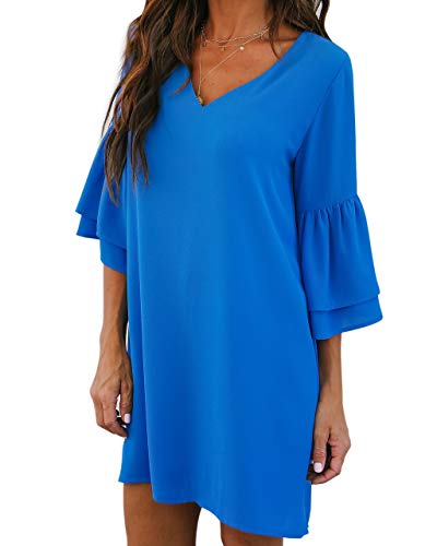 BELONGSCI Women's Dress Sweet & Cute V-Neck Bell Sleeve Shift Dress Mini Dress