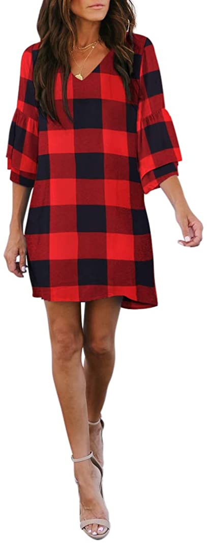 BELONGSCI Women's Dress Sweet & Cute V-Neck Bell Sleeve Shift Dress Mini Dress