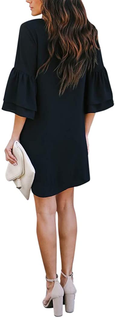 BELONGSCI Women's Dress Sweet & Cute V-Neck Bell Sleeve Shift Dress Mini Dress