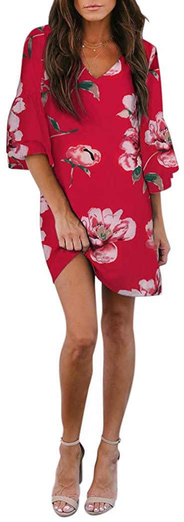 BELONGSCI Women's Dress Sweet & Cute V-Neck Bell Sleeve Shift Dress Mini Dress