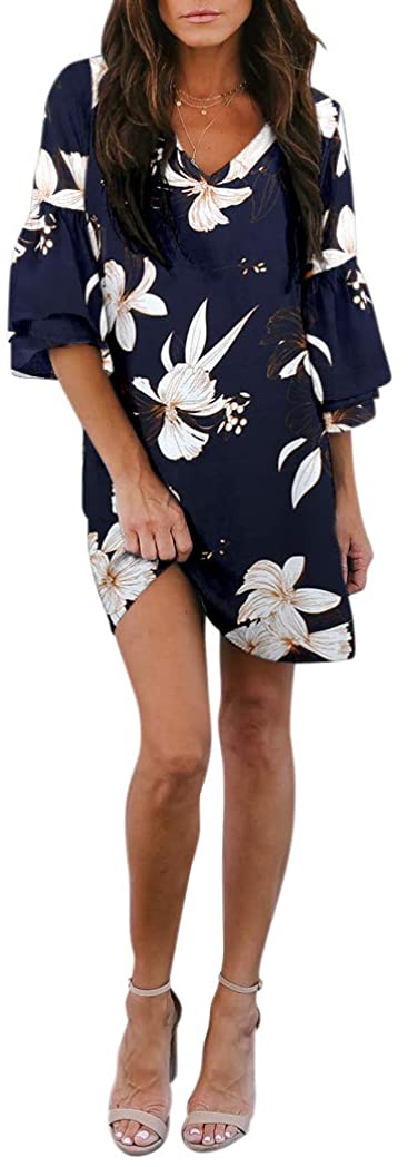 BELONGSCI Women's Dress Sweet & Cute V-Neck Bell Sleeve Shift Dress Mini Dress