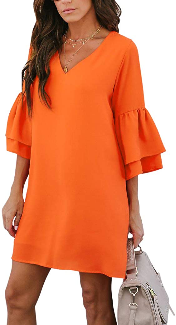 BELONGSCI Women's Dress Sweet & Cute V-Neck Bell Sleeve Shift Dress Mini Dress