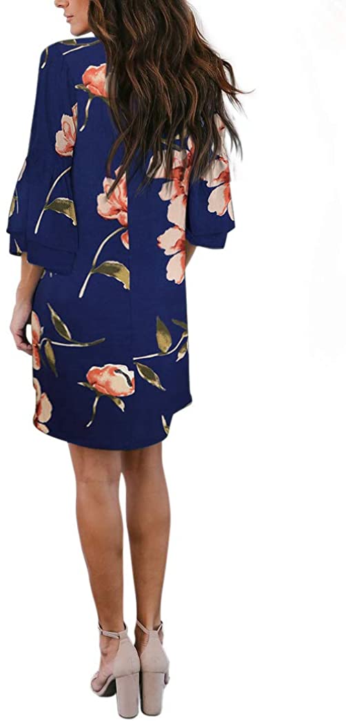 BELONGSCI Women's Dress Sweet & Cute V-Neck Bell Sleeve Shift Dress Mini Dress
