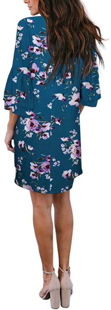 BELONGSCI Women's Dress Sweet & Cute V-Neck Bell Sleeve Shift Dress Mini Dress