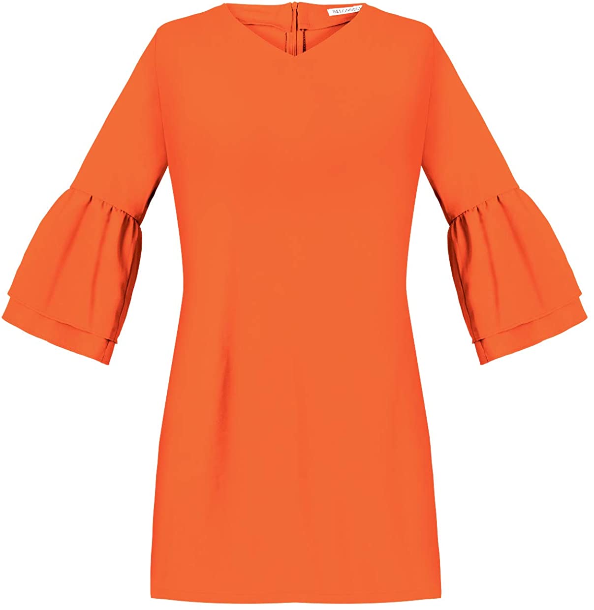 BELONGSCI Women's Dress Sweet & Cute V-Neck Bell Sleeve Shift Dress Mini Dress