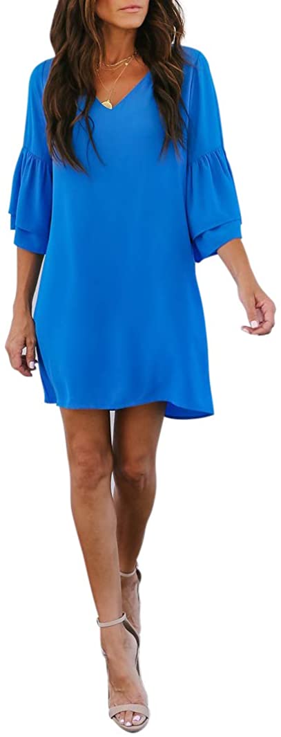 BELONGSCI Women's Dress Sweet & Cute V-Neck Bell Sleeve Shift Dress Mini Dress