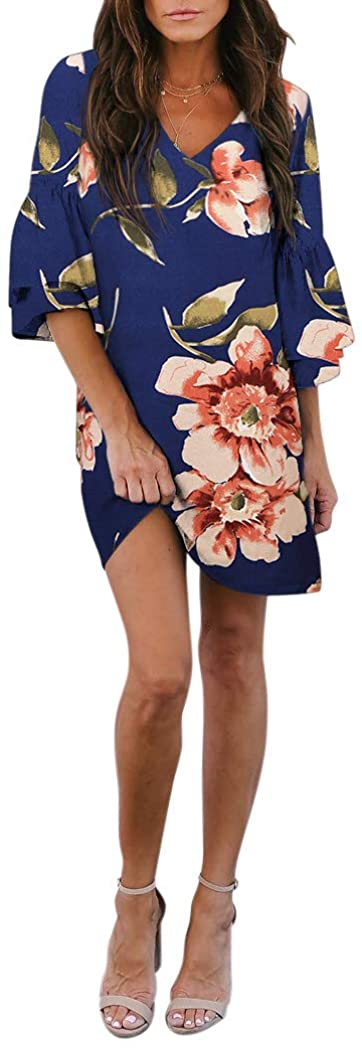 BELONGSCI Women's Dress Sweet & Cute V-Neck Bell Sleeve Shift Dress Mini Dress