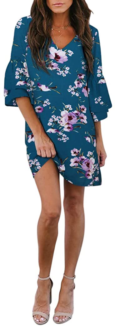 BELONGSCI Women's Dress Sweet & Cute V-Neck Bell Sleeve Shift Dress Mini Dress