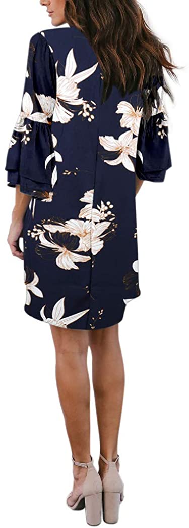 BELONGSCI Women's Dress Sweet & Cute V-Neck Bell Sleeve Shift Dress Mini Dress