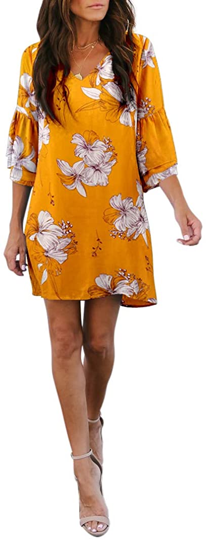 BELONGSCI Women's Dress Sweet & Cute V-Neck Bell Sleeve Shift Dress Mini Dress