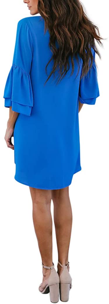 BELONGSCI Women's Dress Sweet & Cute V-Neck Bell Sleeve Shift Dress Mini Dress