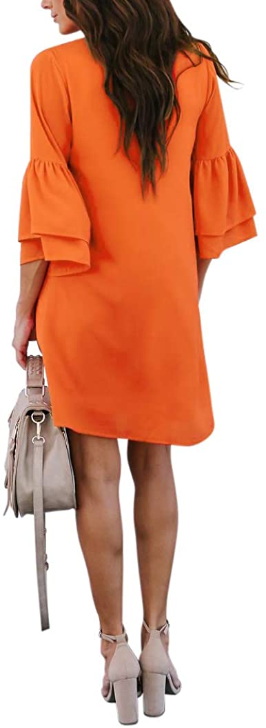 BELONGSCI Women's Dress Sweet & Cute V-Neck Bell Sleeve Shift Dress Mini Dress