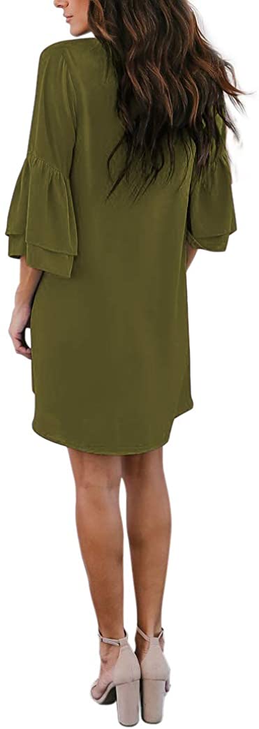 BELONGSCI Women's Dress Sweet & Cute V-Neck Bell Sleeve Shift Dress Mini Dress