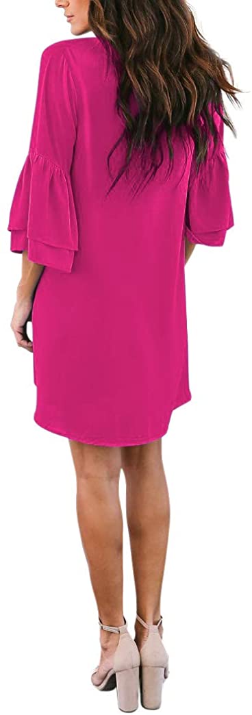 BELONGSCI Women's Dress Sweet & Cute V-Neck Bell Sleeve Shift Dress Mini Dress