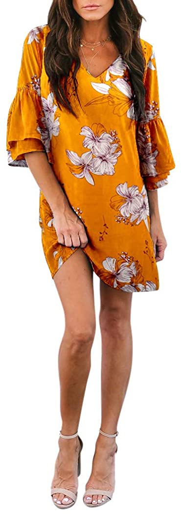 BELONGSCI Women's Dress Sweet & Cute V-Neck Bell Sleeve Shift Dress Mini Dress