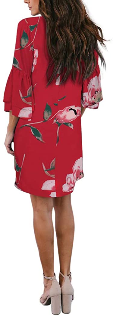 BELONGSCI Women's Dress Sweet & Cute V-Neck Bell Sleeve Shift Dress Mini Dress