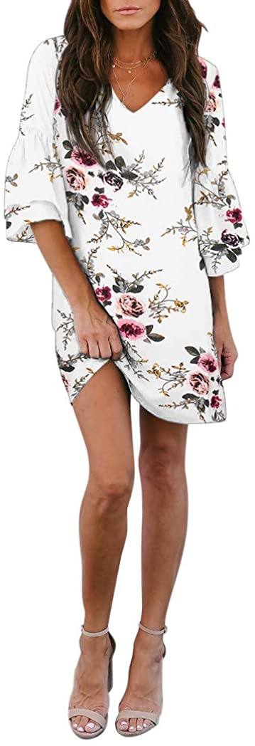 BELONGSCI Women's Dress Sweet & Cute V-Neck Bell Sleeve Shift Dress Mini Dress