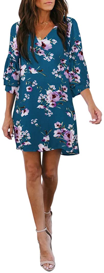 BELONGSCI Women's Dress Sweet & Cute V-Neck Bell Sleeve Shift Dress Mini Dress