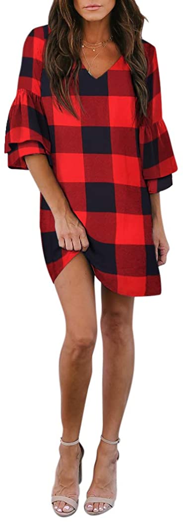 BELONGSCI Women's Dress Sweet & Cute V-Neck Bell Sleeve Shift Dress Mini Dress