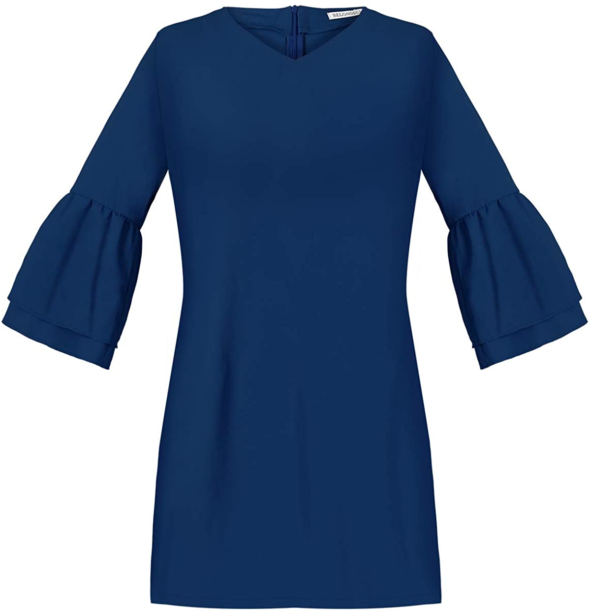 BELONGSCI Women's Dress Sweet & Cute V-Neck Bell Sleeve Shift Dress Mini Dress