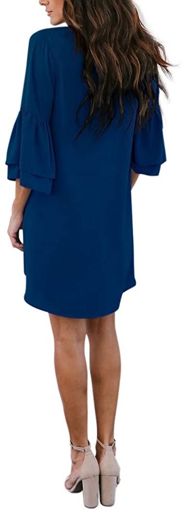 BELONGSCI Women's Dress Sweet & Cute V-Neck Bell Sleeve Shift Dress Mini Dress