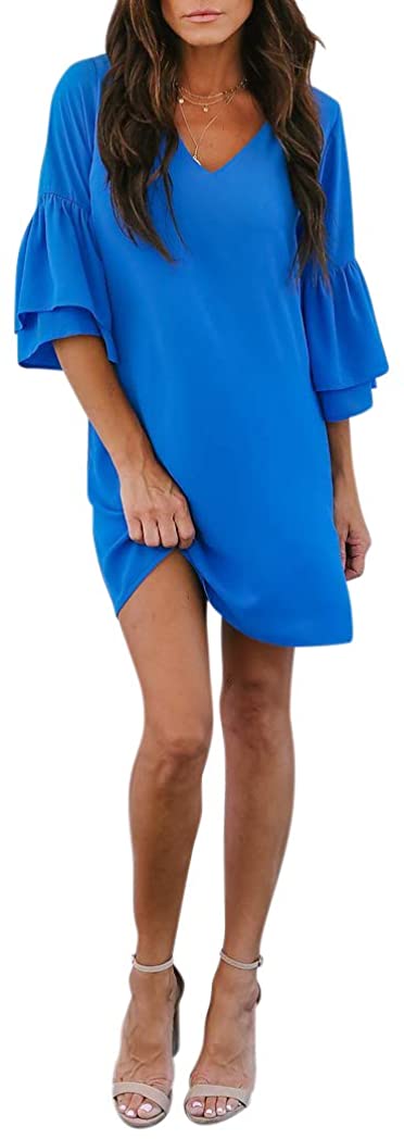BELONGSCI Women's Dress Sweet & Cute V-Neck Bell Sleeve Shift Dress Mini Dress