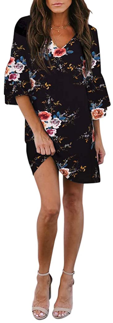 BELONGSCI Women's Dress Sweet & Cute V-Neck Bell Sleeve Shift Dress Mini Dress