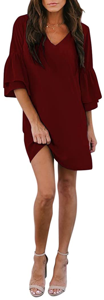 BELONGSCI Women's Dress Sweet & Cute V-Neck Bell Sleeve Shift Dress Mini Dress
