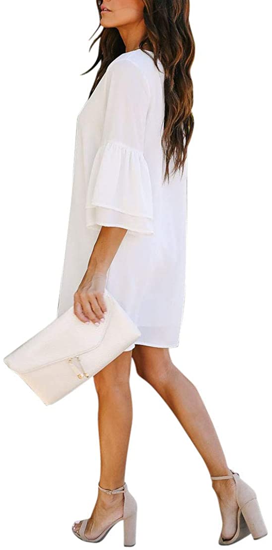 BELONGSCI Women's Dress Sweet & Cute V-Neck Bell Sleeve Shift Dress Mini Dress