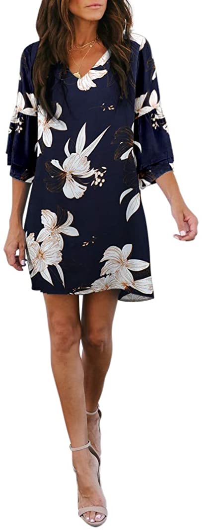 BELONGSCI Women's Dress Sweet & Cute V-Neck Bell Sleeve Shift Dress Mini Dress