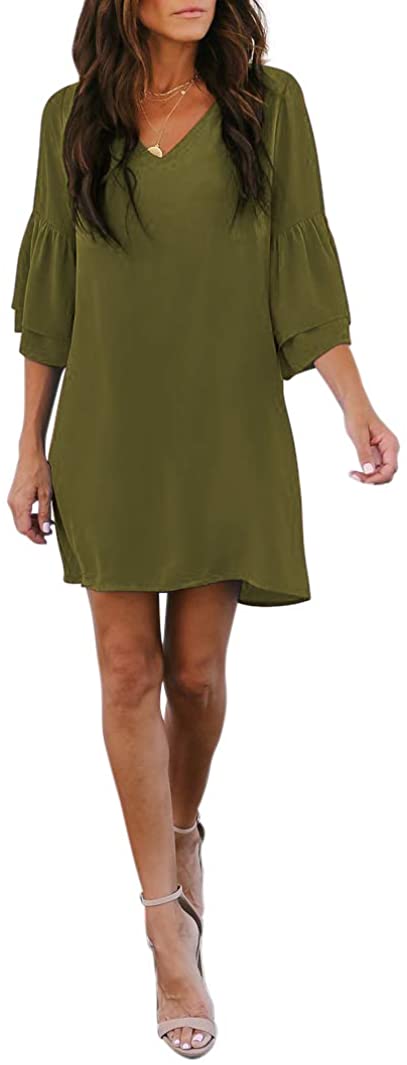 BELONGSCI Women's Dress Sweet & Cute V-Neck Bell Sleeve Shift Dress Mini Dress