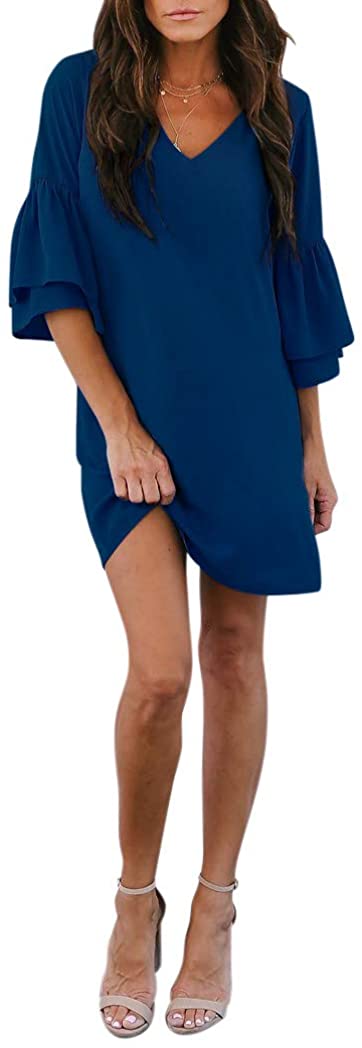 BELONGSCI Women's Dress Sweet & Cute V-Neck Bell Sleeve Shift Dress Mini Dress