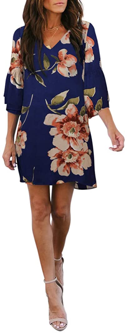 BELONGSCI Women's Dress Sweet & Cute V-Neck Bell Sleeve Shift Dress Mini Dress