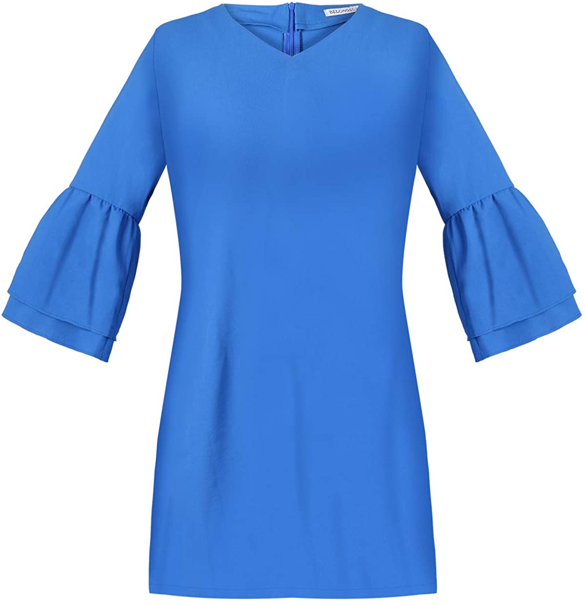 BELONGSCI Women's Dress Sweet & Cute V-Neck Bell Sleeve Shift Dress Mini Dress