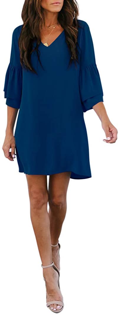 BELONGSCI Women's Dress Sweet & Cute V-Neck Bell Sleeve Shift Dress Mini Dress