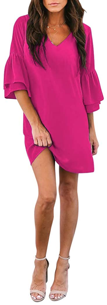 BELONGSCI Women's Dress Sweet & Cute V-Neck Bell Sleeve Shift Dress Mini Dress
