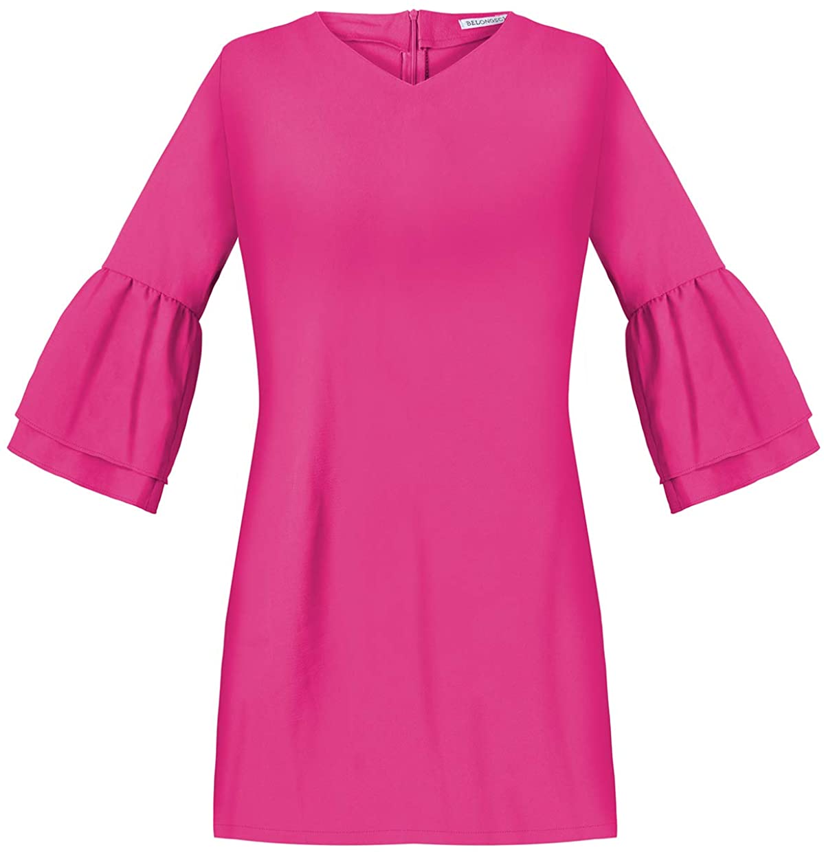 BELONGSCI Women's Dress Sweet & Cute V-Neck Bell Sleeve Shift Dress Mini Dress