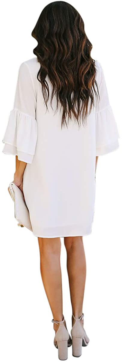 BELONGSCI Women's Dress Sweet & Cute V-Neck Bell Sleeve Shift Dress Mini Dress