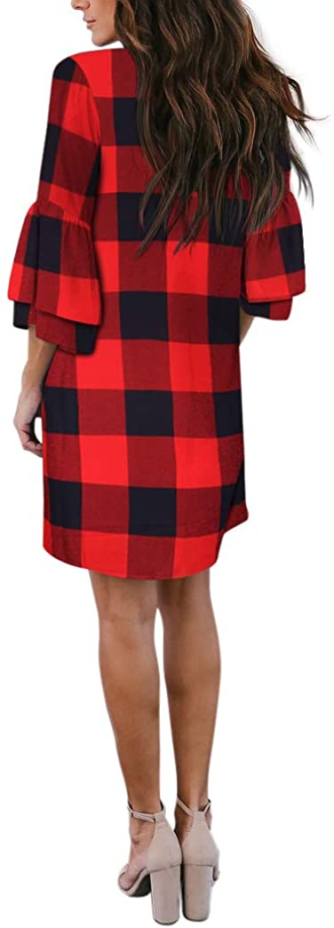 BELONGSCI Women's Dress Sweet & Cute V-Neck Bell Sleeve Shift Dress Mini Dress