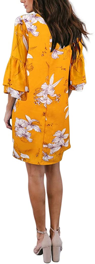 BELONGSCI Women's Dress Sweet & Cute V-Neck Bell Sleeve Shift Dress Mini Dress