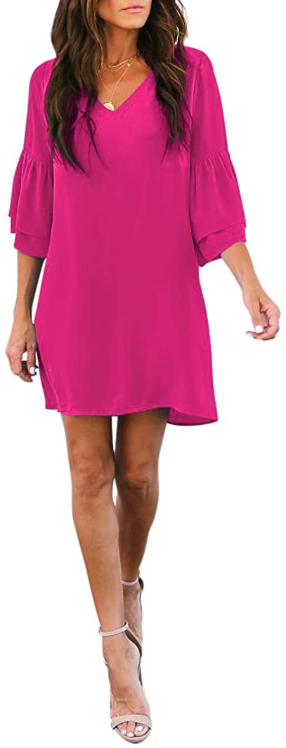BELONGSCI Women's Dress Sweet & Cute V-Neck Bell Sleeve Shift Dress Mini Dress