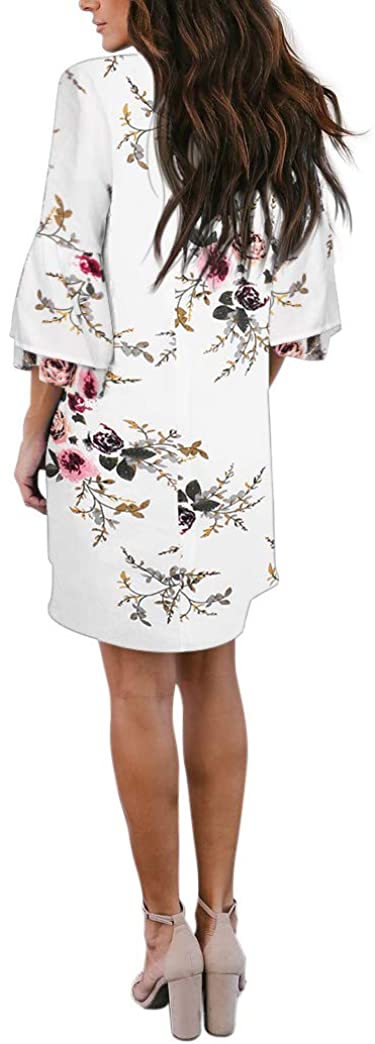 BELONGSCI Women's Dress Sweet & Cute V-Neck Bell Sleeve Shift Dress Mini Dress