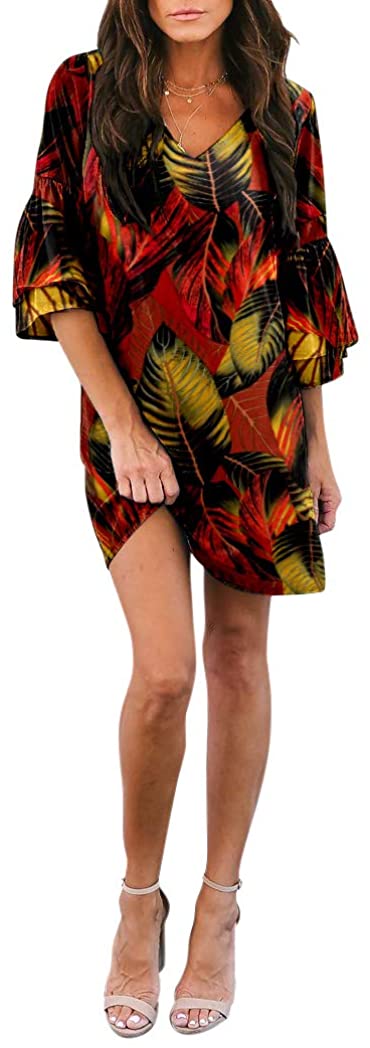 BELONGSCI Women's Dress Sweet & Cute V-Neck Bell Sleeve Shift Dress Mini Dress