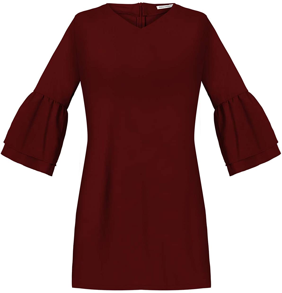 BELONGSCI Women's Dress Sweet & Cute V-Neck Bell Sleeve Shift Dress Mini Dress
